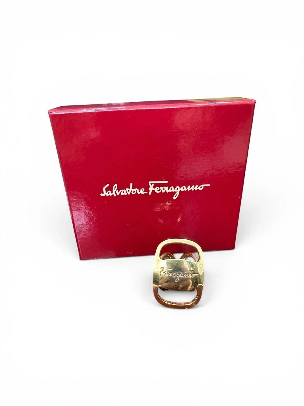 Salvatore Ferragamo Gold-Plated Gancini Scarf Ring with Box Made in Italy